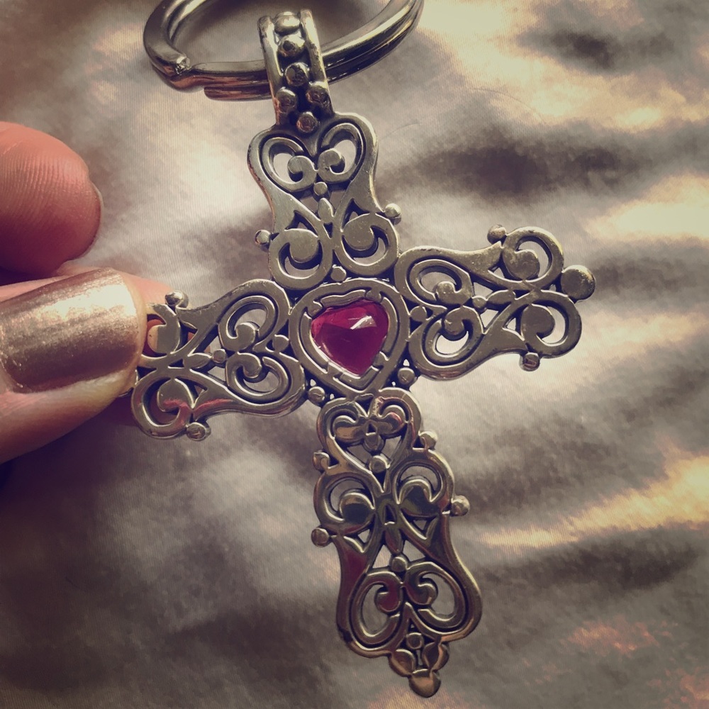 Brighton Silver Cross Pink Heart Keychain NWOT